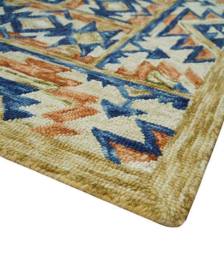 Bohemian 3x5, 5x8, 6x9 and 8x10 Tribal Southwestern Hand Tufted Blue, Gold and Beige Antique Style Wool Area Rug - The Rug Decor