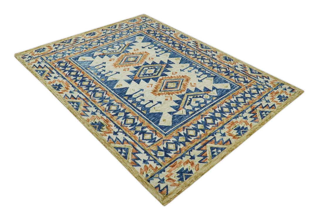 Bohemian 3x5, 5x8, 6x9 and 8x10 Tribal Southwestern Hand Tufted Blue, Gold and Beige Antique Style Wool Area Rug - The Rug Decor