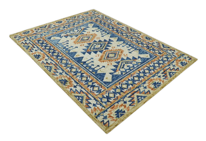 Bohemian 3x5, 5x8, 6x9 and 8x10 Tribal Southwestern Hand Tufted Blue, Gold and Beige Antique Style Wool Area Rug - The Rug Decor
