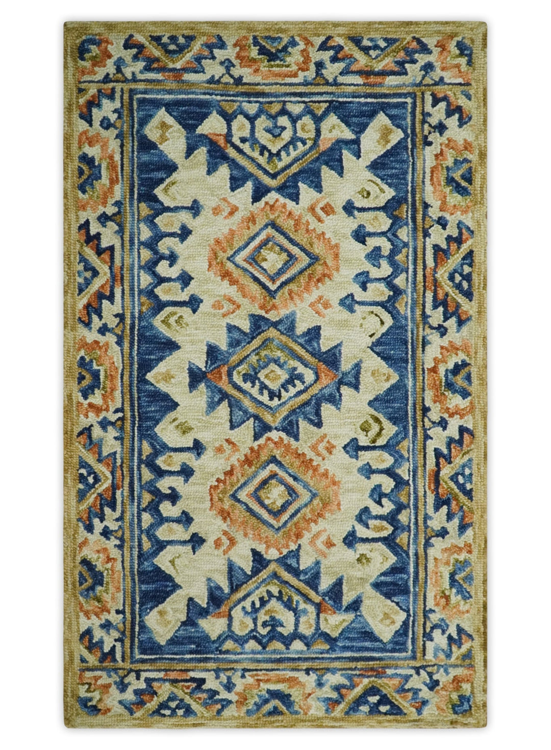 Bohemian 3x5, 5x8, 6x9 and 8x10 Tribal Southwestern Hand Tufted Blue, Gold and Beige Antique Style Wool Area Rug - The Rug Decor