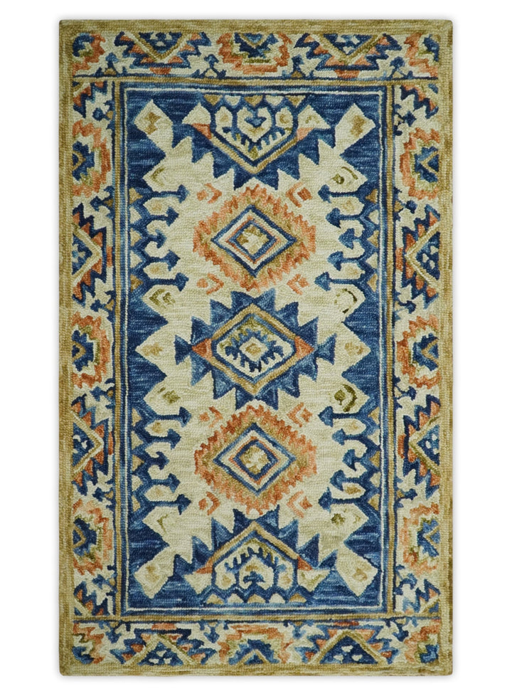 Bohemian 3x5, 5x8, 6x9 and 8x10 Tribal Southwestern Hand Tufted Blue, Gold and Beige Antique Style Wool Area Rug - The Rug Decor