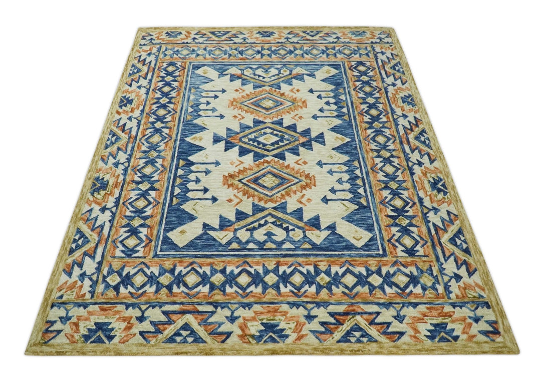 Bohemian 3x5, 5x8, 6x9 and 8x10 Tribal Southwestern Hand Tufted Blue, Gold and Beige Antique Style Wool Area Rug - The Rug Decor