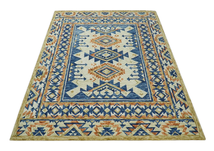 Bohemian 3x5, 5x8, 6x9 and 8x10 Tribal Southwestern Hand Tufted Blue, Gold and Beige Antique Style Wool Area Rug - The Rug Decor