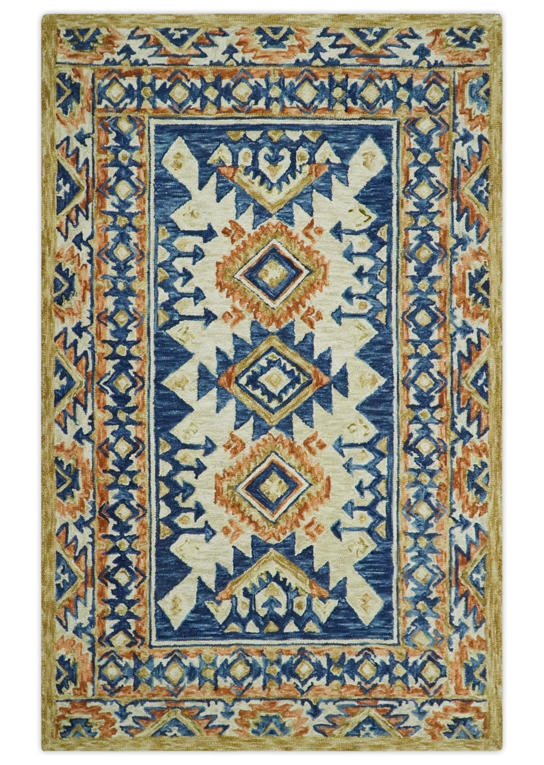 Bohemian 3x5, 5x8, 6x9 and 8x10 Tribal Southwestern Hand Tufted Blue, Gold and Beige Antique Style Wool Area Rug - The Rug Decor