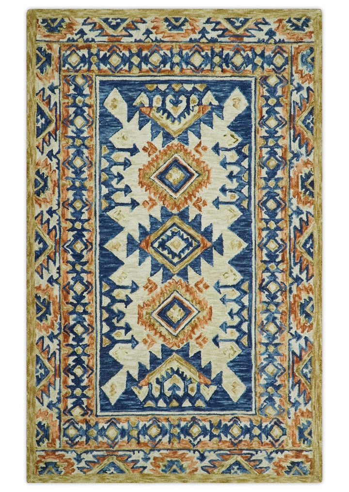 Bohemian 3x5, 5x8, 6x9 and 8x10 Tribal Southwestern Hand Tufted Blue, Gold and Beige Antique Style Wool Area Rug - The Rug Decor