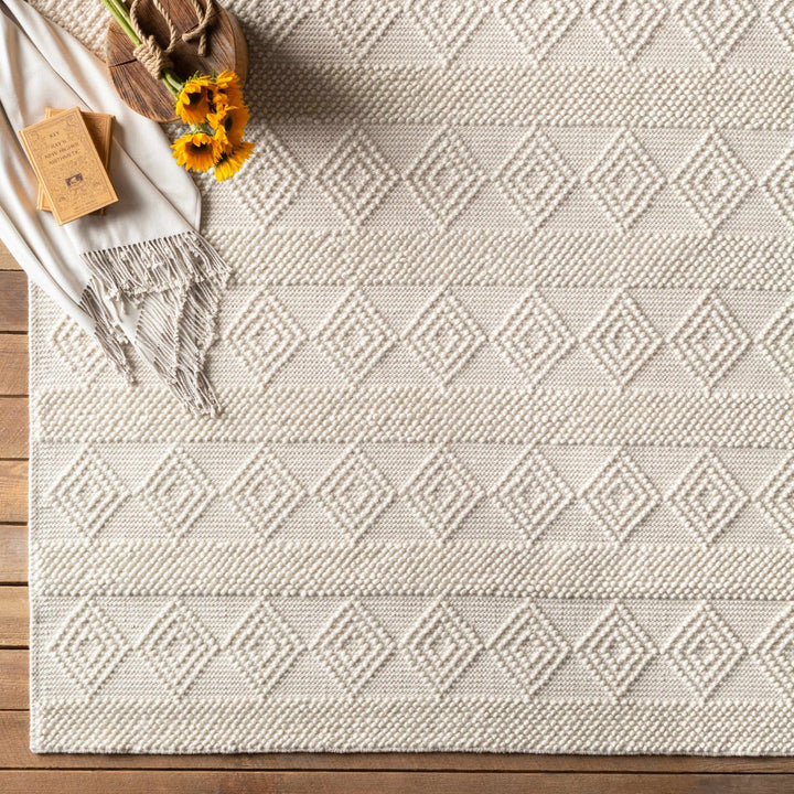 Bohemian Hand Woven Beige Geometrical Textured Wool Area Rug - The Rug Decor