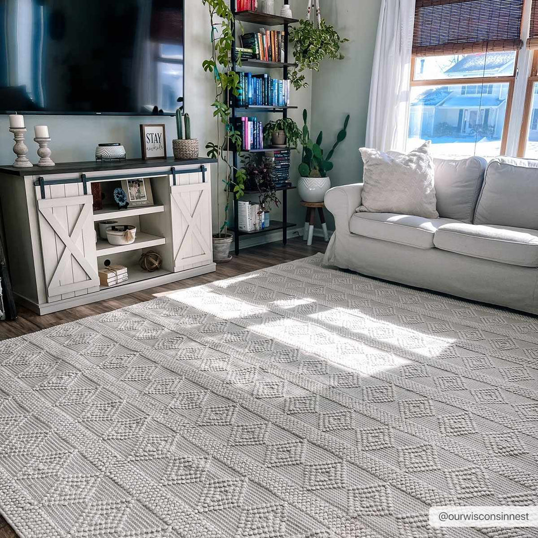 Bohemian Hand Woven Beige Geometrical Textured Wool Area Rug - The Rug Decor