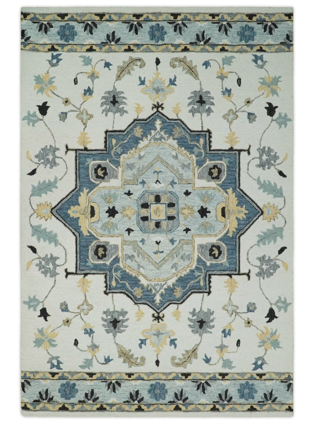 Boho Chick 3x5, 5x8, 6x9 and 8x10 Hand Tufted Blue, Camel and Ivory Medallion Wool Area Rug - The Rug Decor