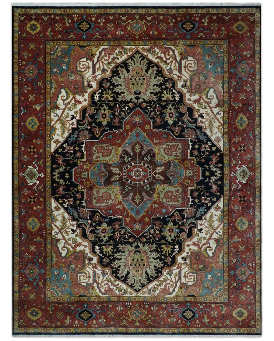 Brown, Ivory and Black Hand Knotted Antique 9x12 Traditional Heriz Serapi Wool Rug | TRDCP1343912 - The Rug Decor
