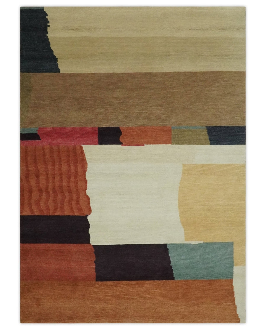 Brown, Ivory, Beige and Rust Modern Abstract Hand knotted 5X6.6 Wool Area Rug - The Rug Decor