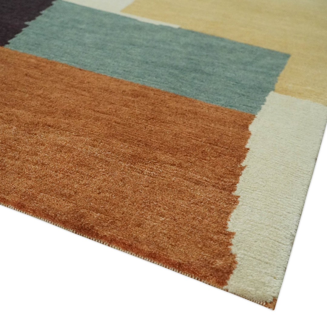 Brown, Ivory, Beige and Rust Modern Abstract Hand knotted 5X6.6 Wool Area Rug - The Rug Decor
