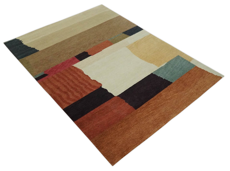 Brown, Ivory, Beige and Rust Modern Abstract Hand knotted 5X6.6 Wool Area Rug - The Rug Decor