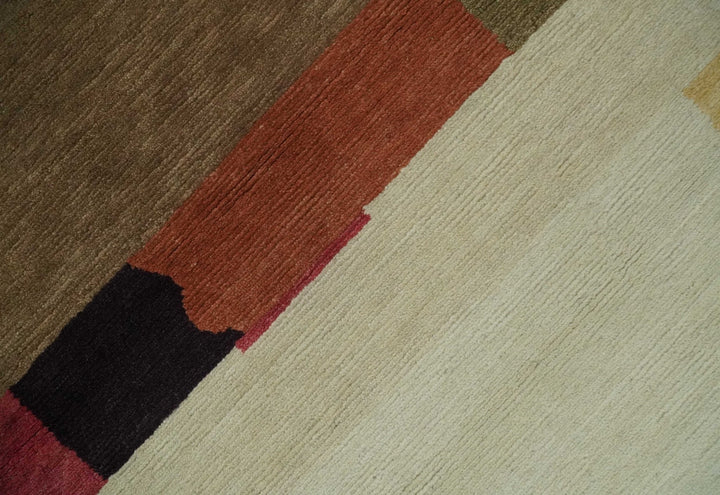 Brown, Ivory, Beige and Rust Modern Abstract Hand knotted 5X6.6 Wool Area Rug - The Rug Decor