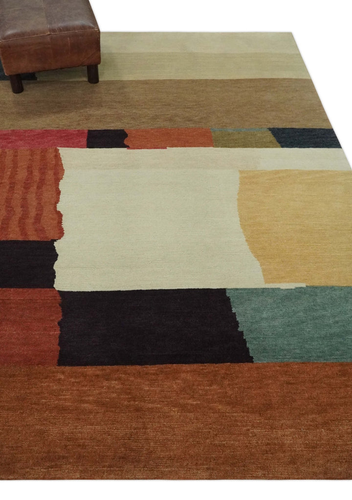 Brown, Ivory, Beige and Rust Modern Abstract Hand knotted 5X6.6 Wool Area Rug - The Rug Decor