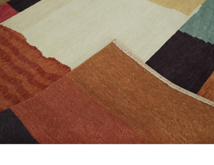 Brown, Ivory, Beige and Rust Modern Abstract Hand knotted 5X6.6 Wool Area Rug - The Rug Decor