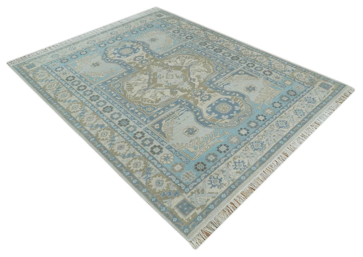 Cappadocia Rug 8x10 Hand Knotted Turkish Blue, Beige and Ivory Traditional Antique Persian Low Pile Area Rug | AC31810 - The Rug Decor