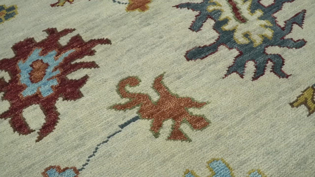 Vibrant Colorful Hand Knotted Ivory, Teal and Rust Traditional Oushak Multi size Wool Area Rug