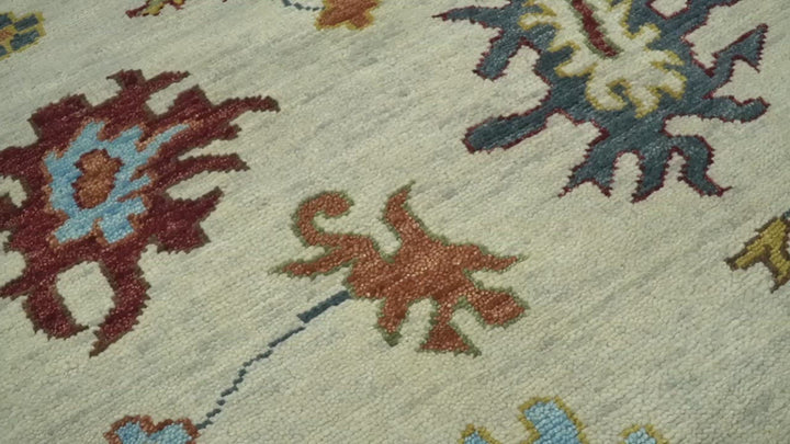 Vibrant Colorful Hand Knotted Ivory, Teal and Rust Traditional Oushak Multi size Wool Area Rug