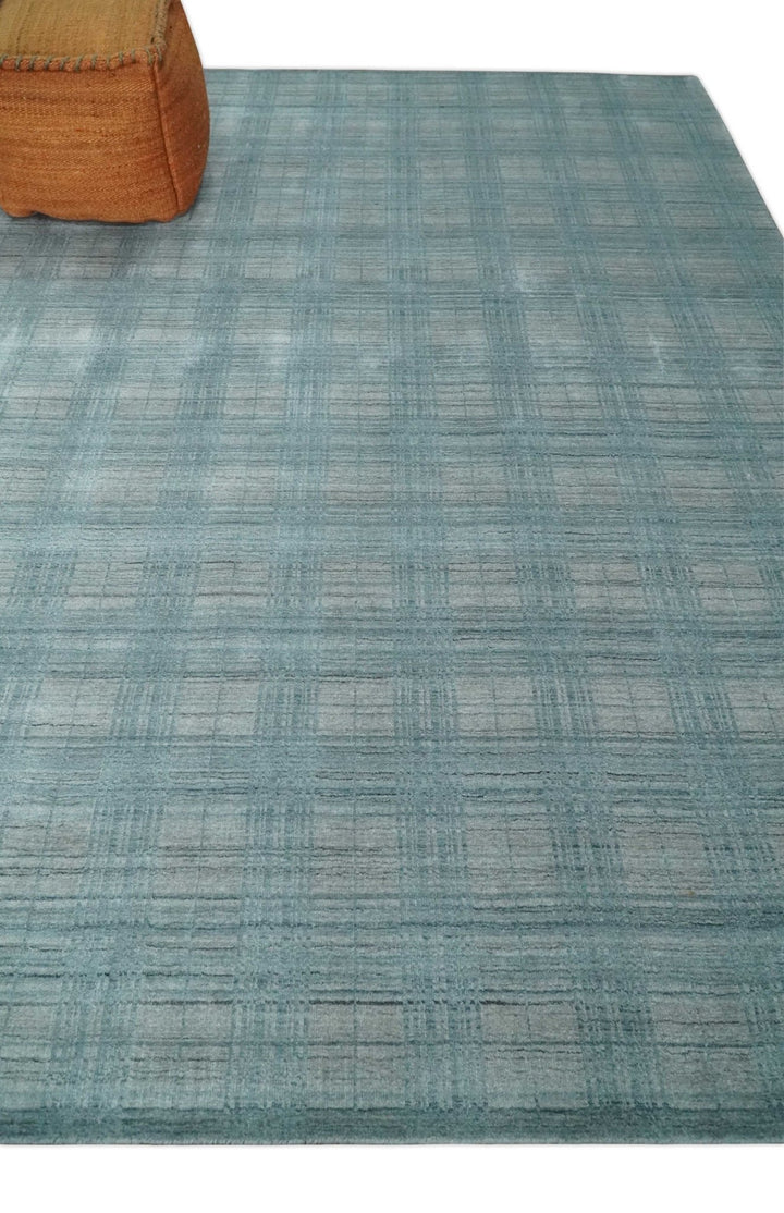 Checkered Blue and Gray Scandinavian 8x10 Hand Made Blended Wool Flatwoven Area Rug | KE26 - The Rug Decor