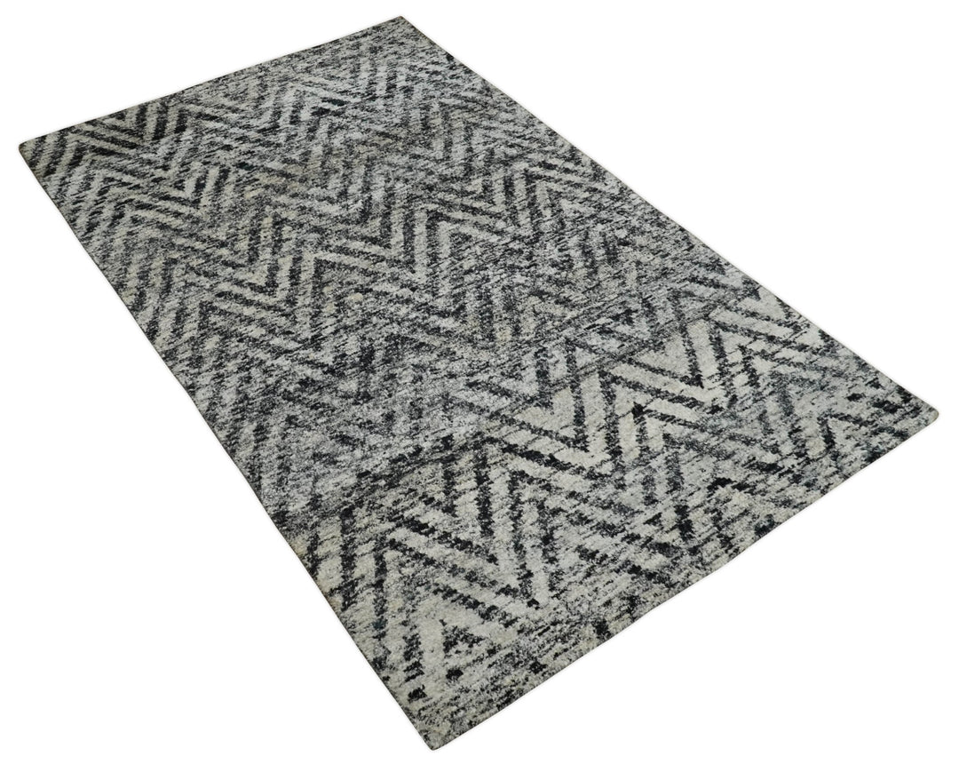 Chevron Silver and Black Shaded Scandinavian 5x8 Bamboo Silk Flatwoven Area Rug | HL36 - The Rug Decor