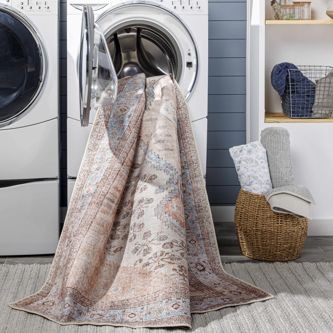 Chic Traditional Floral Ivory, Peach and Blue Machine washable Area Rug - The Rug Decor