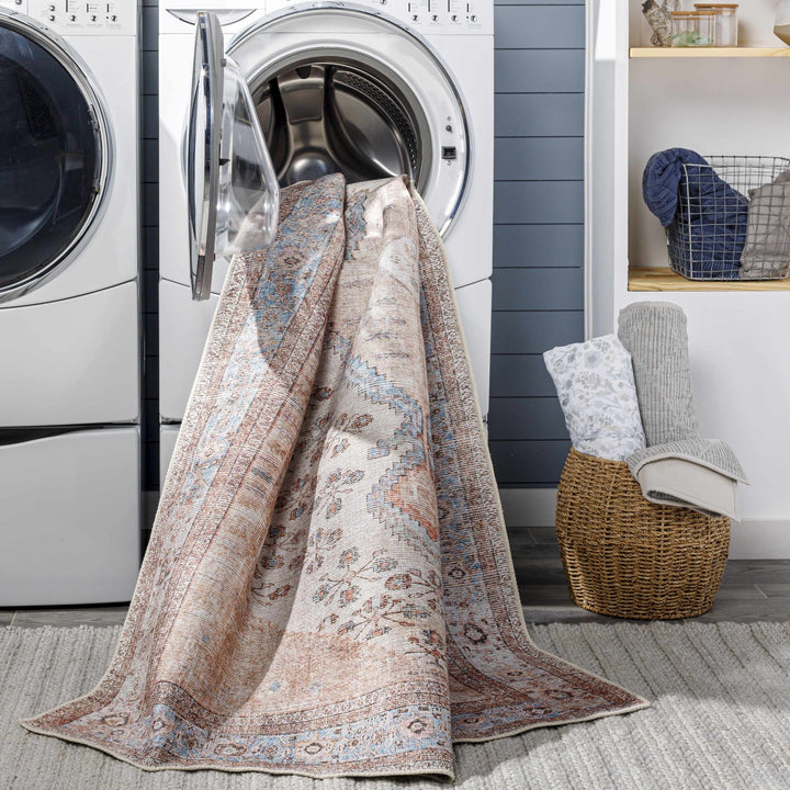 Chic Traditional Floral Ivory, Peach and Blue Machine washable Area Rug - The Rug Decor