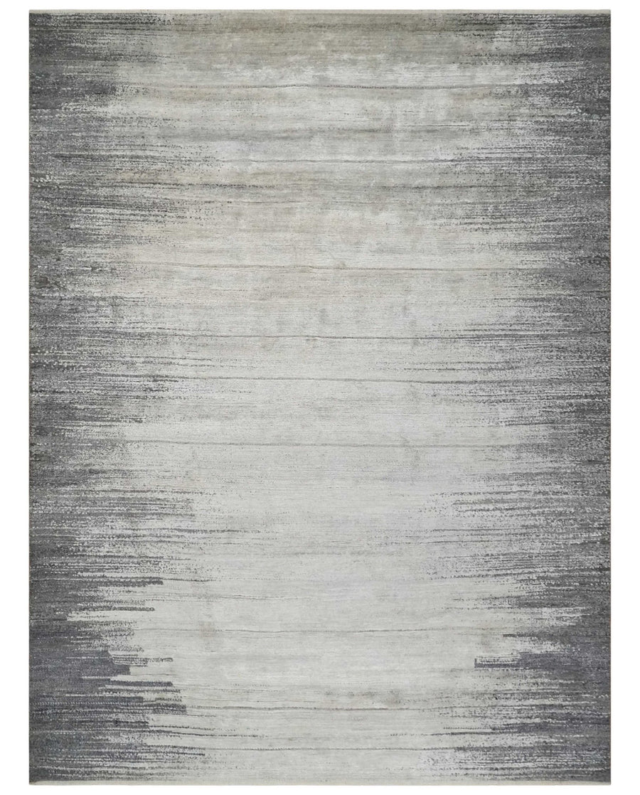 Contemporary Abstract 9x12 Hand Knotted Beige, Charcoal and Gray Wool and Bamboo Silk Area Rug - The Rug Decor