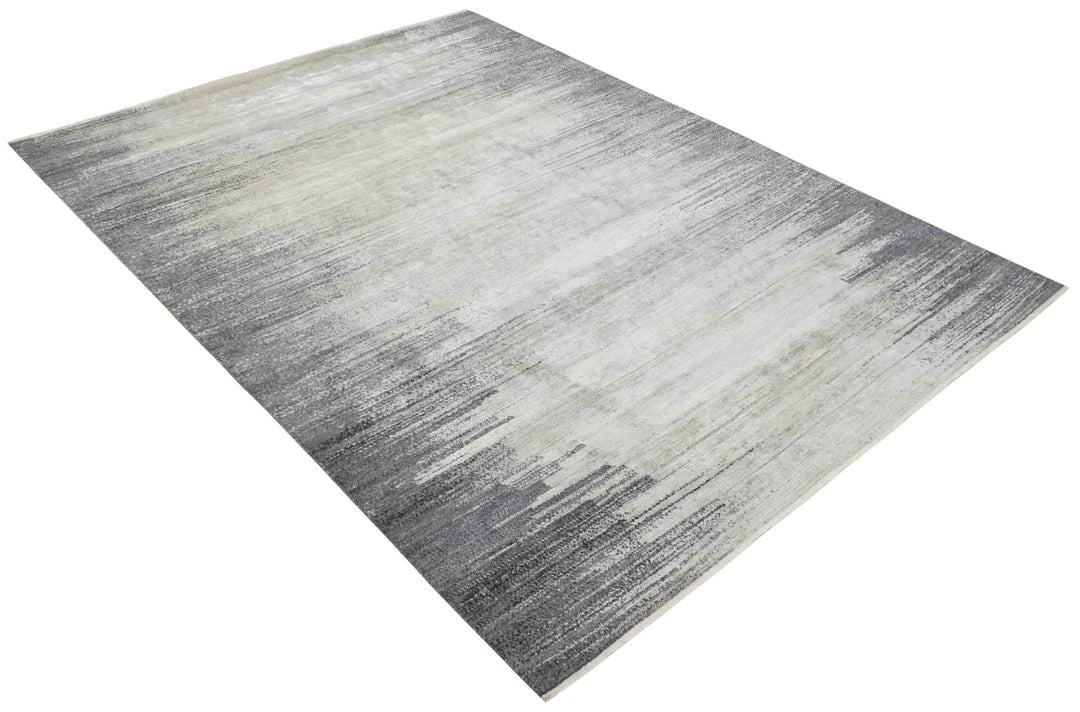 Contemporary Abstract 9x12 Hand Knotted Beige, Charcoal and Gray Wool and Bamboo Silk Area Rug - The Rug Decor
