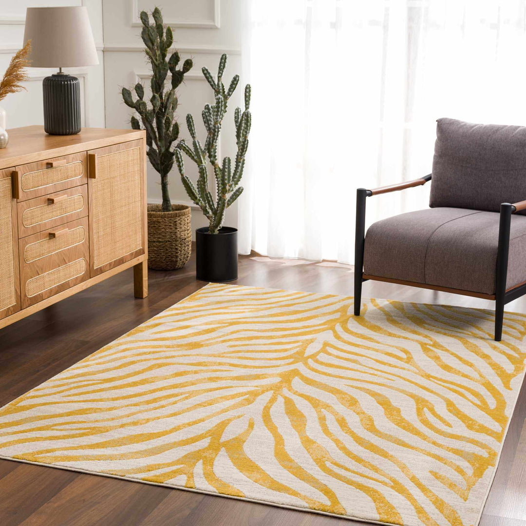 Contemporary Abstract Zebra pattern Beige and Gold Medium pile Area Rug - The Rug Decor