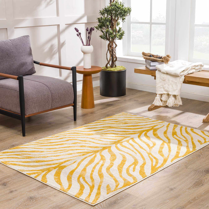 Contemporary Abstract Zebra pattern Beige and Gold Medium pile Area Rug - The Rug Decor