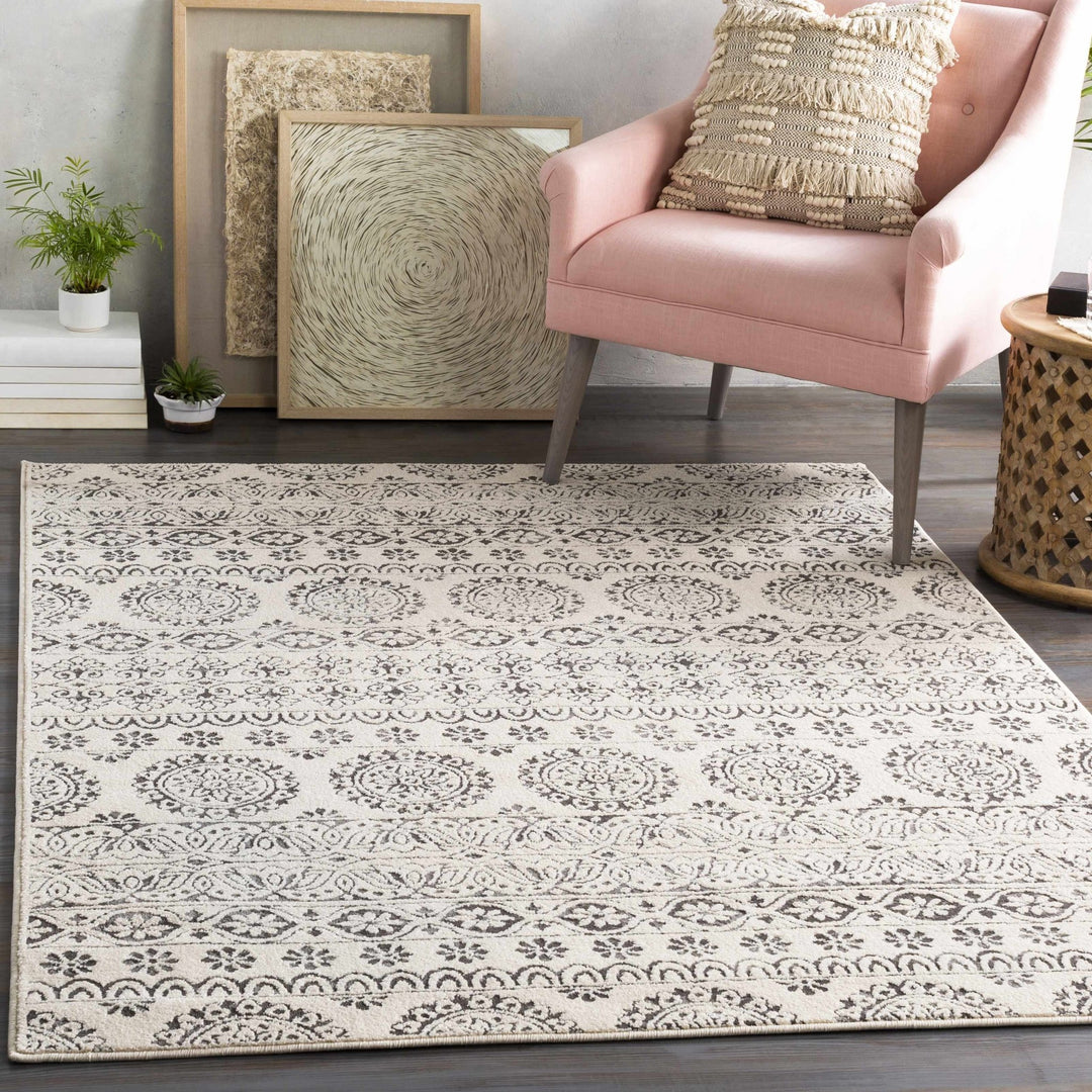 Contemporary Beige and Charcoal Tribal Design Medium Pile Area Rug - The Rug Decor