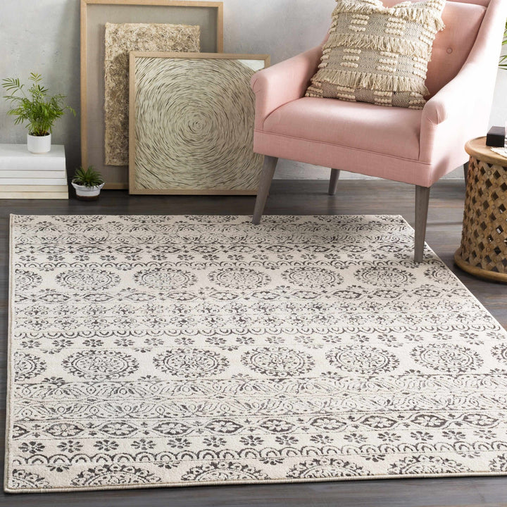 Contemporary Beige and Charcoal Tribal Design Medium Pile Area Rug - The Rug Decor