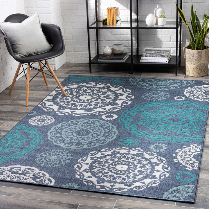 Contemporary Floral Design Charcoal, Teal. White, Blue Multi Size Area Rug - The Rug Decor