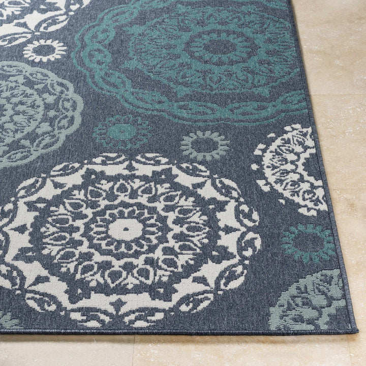 Contemporary Floral Design Charcoal, Teal. White, Blue Multi Size Area Rug - The Rug Decor