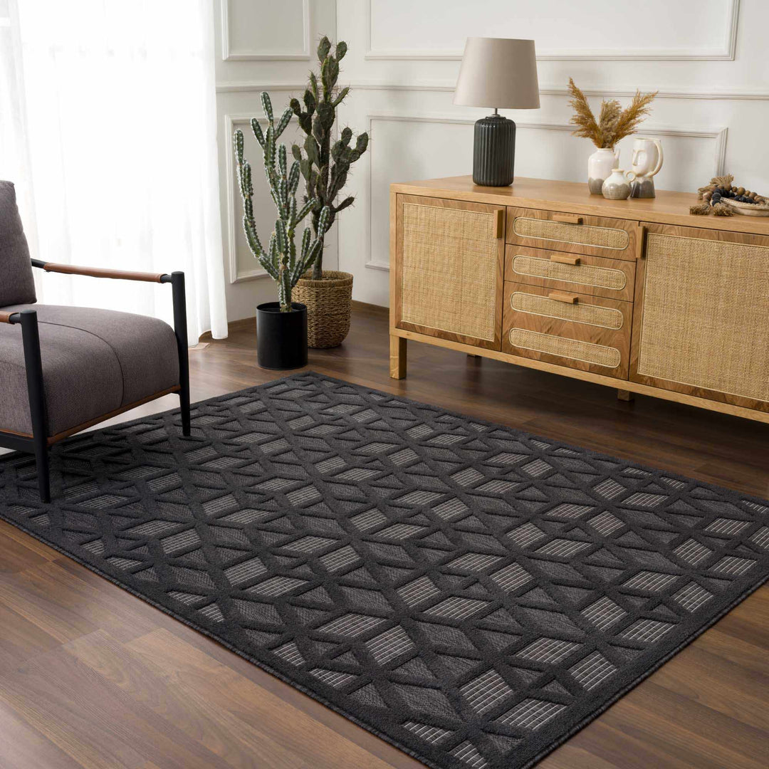 Contemporary Geometric Black and Gray Medium Pile Outdoor Area Rug - The Rug Decor