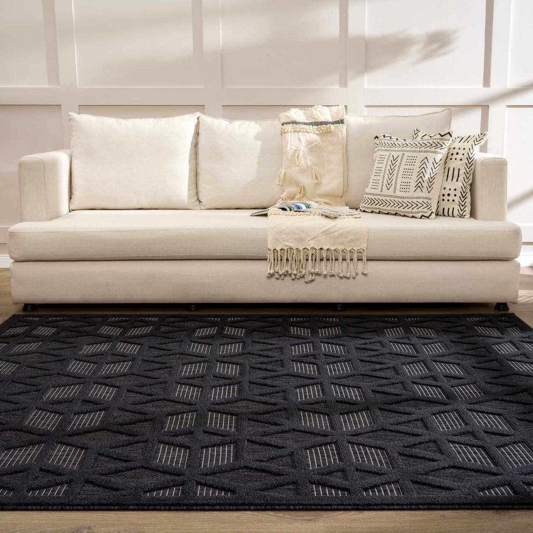 Contemporary Geometric Black and Gray Medium Pile Outdoor Area Rug - The Rug Decor