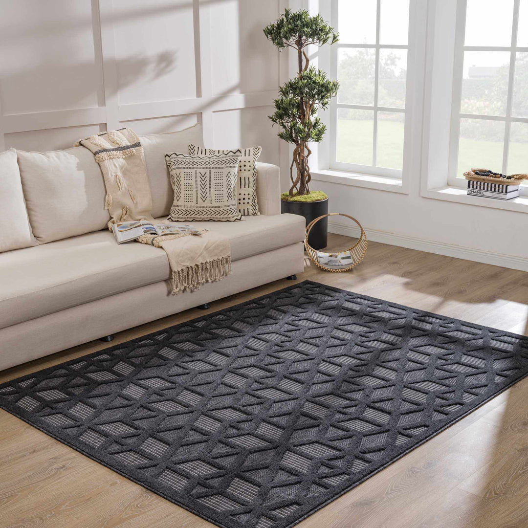 Contemporary Geometric Black and Gray Medium Pile Outdoor Area Rug - The Rug Decor