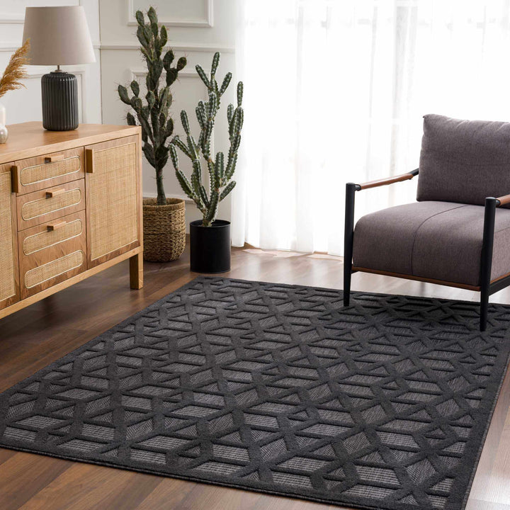 Contemporary Geometric Black and Gray Medium Pile Outdoor Area Rug - The Rug Decor