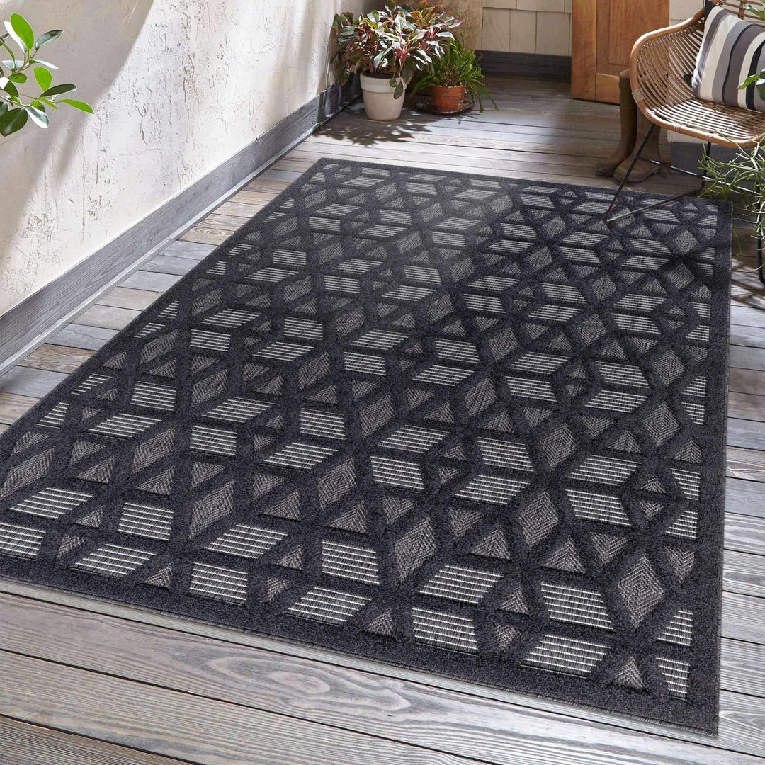 Contemporary Geometric Black and Gray Medium Pile Outdoor Area Rug - The Rug Decor