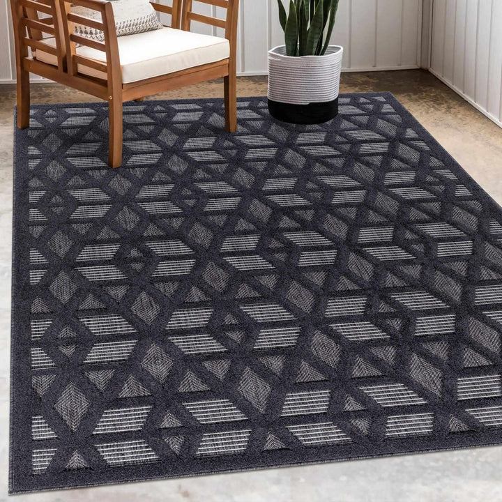 Contemporary Geometric Black and Gray Medium Pile Outdoor Area Rug - The Rug Decor
