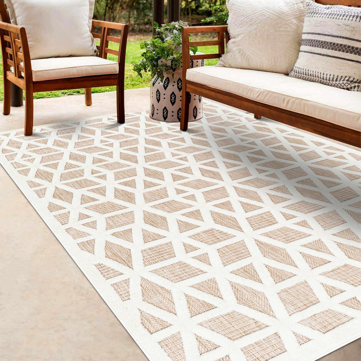 Contemporary Geometric Ivory and Camel Medium Pile Outdoor Area Rug - The Rug Decor