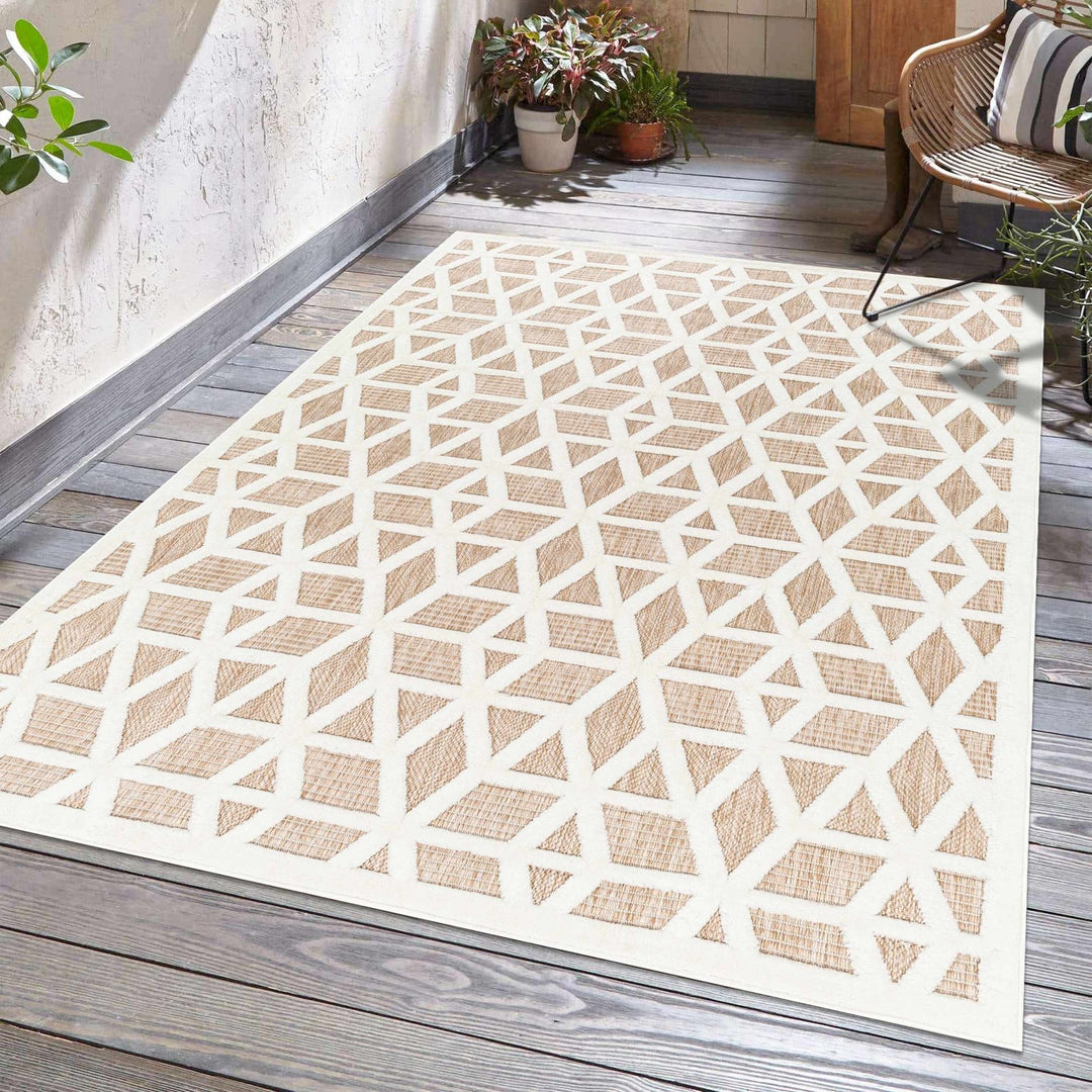 Contemporary Geometric Ivory and Camel Medium Pile Outdoor Area Rug - The Rug Decor