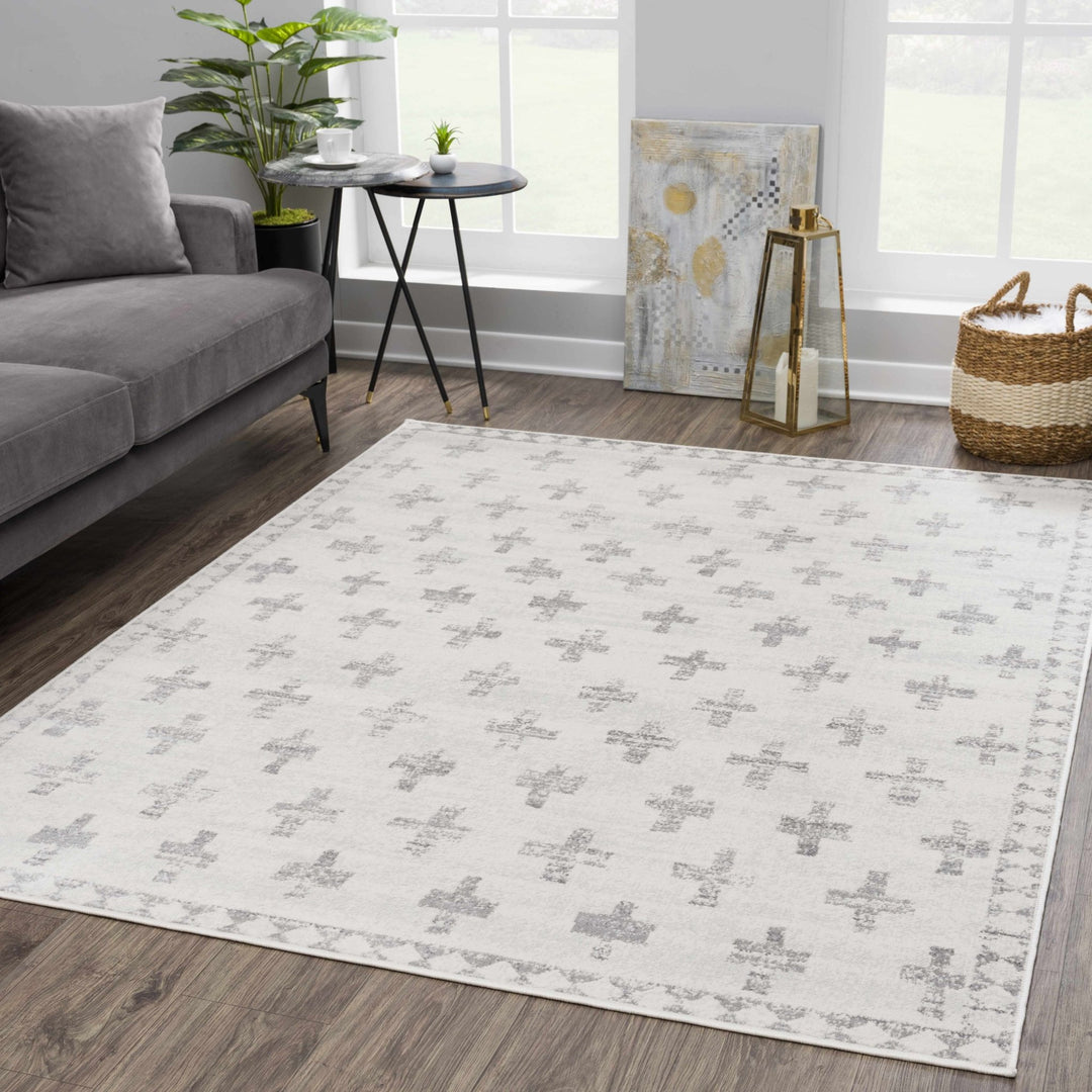 Contemporary Geometric Ivory and Gray Medium pile multi size Area Rug - The Rug Decor