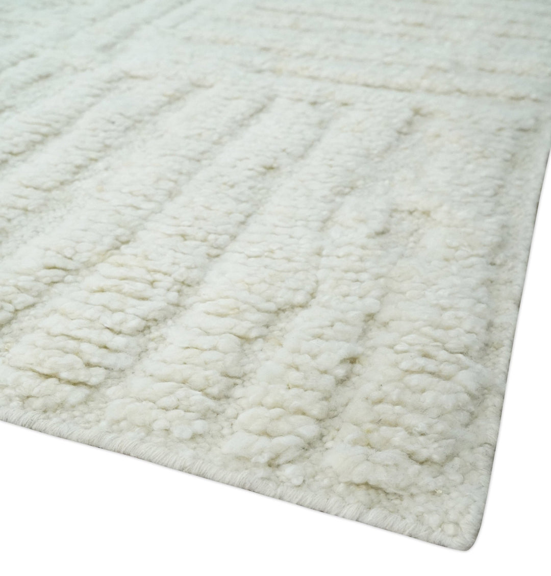 Contemporary High Low texture Hand knotted Ivory 8.6x9.10 wool Area Rug - The Rug Decor