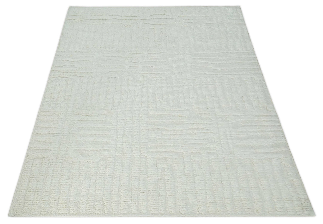 Contemporary High Low texture Hand knotted Ivory 8.6x9.10 wool Area Rug - The Rug Decor