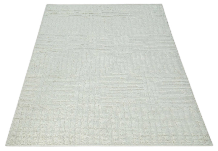 Contemporary High Low texture Hand knotted Ivory 8.6x9.10 wool Area Rug - The Rug Decor