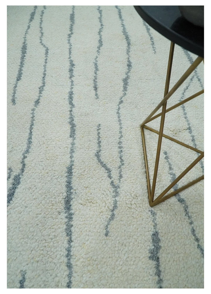 Contemporary Ivory and Gray 8.5x10.2 Stripes Pattern Hand knotted wool area rug - The Rug Decor