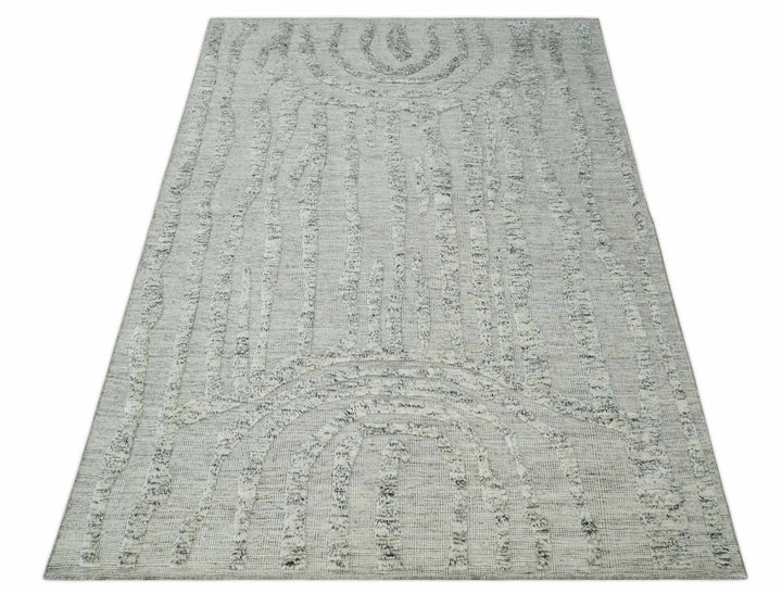 Contemporary Pattern Hand knotted High Low Ivory and Charcoal 8x10 wool Area Rug - The Rug Decor