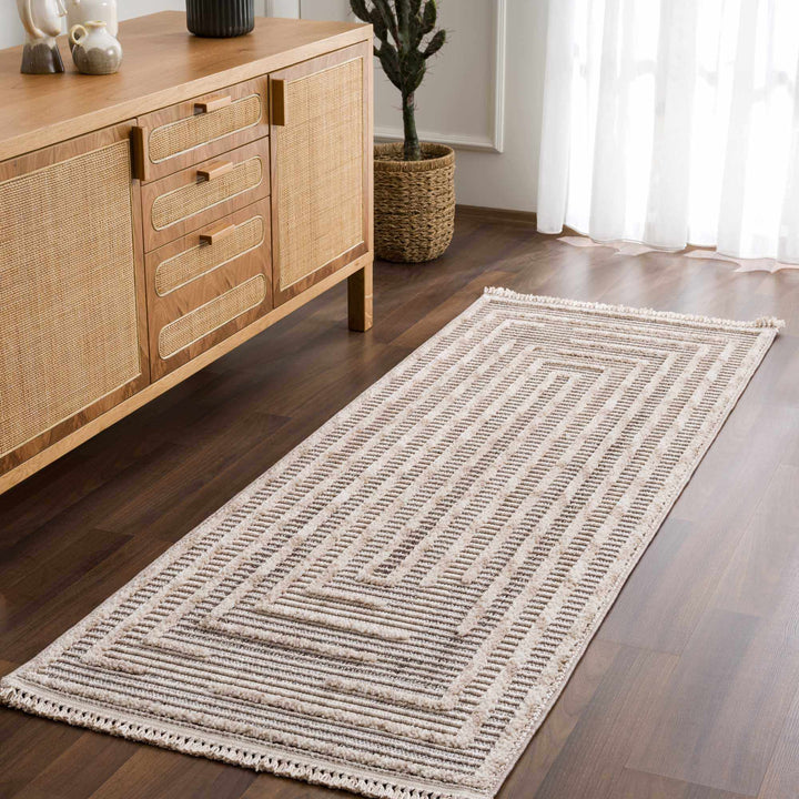 Contemporary Solid Stripes Peach, Beige and Gray High-Low Pile Area Rug - The Rug Decor