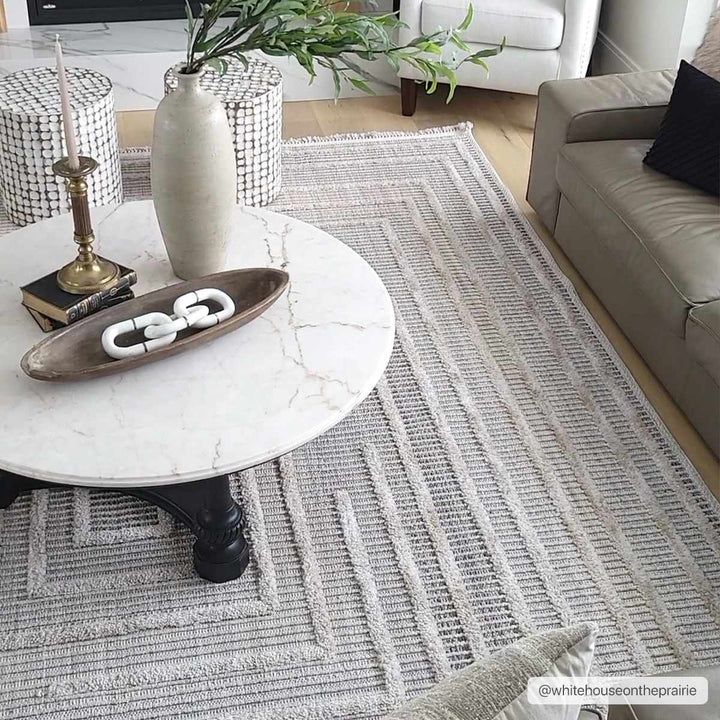 Contemporary Solid Stripes Peach, Beige and Gray High-Low Pile Area Rug - The Rug Decor